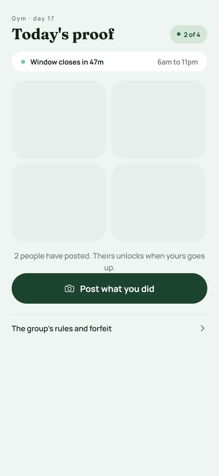 Today's proof, locked: two people have posted, and theirs unlocks when yours goes up.