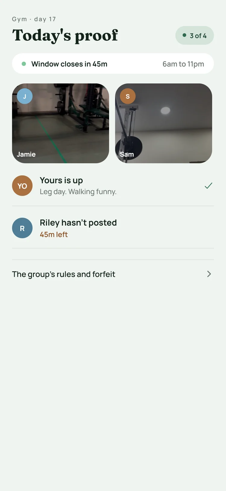 A ProxI group's wall for the day: Jamie and Sam have posted photos from the gym, and Riley has 45 minutes left.